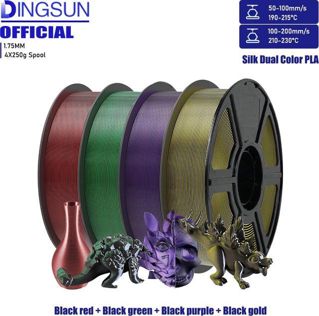 DINGSUN 3D Seiden Dual-Color PLA Filament 2-in-1 Chrom-Koextrusion Farbwechsel Schwarz-Lila 1,75 mm - Bild 1