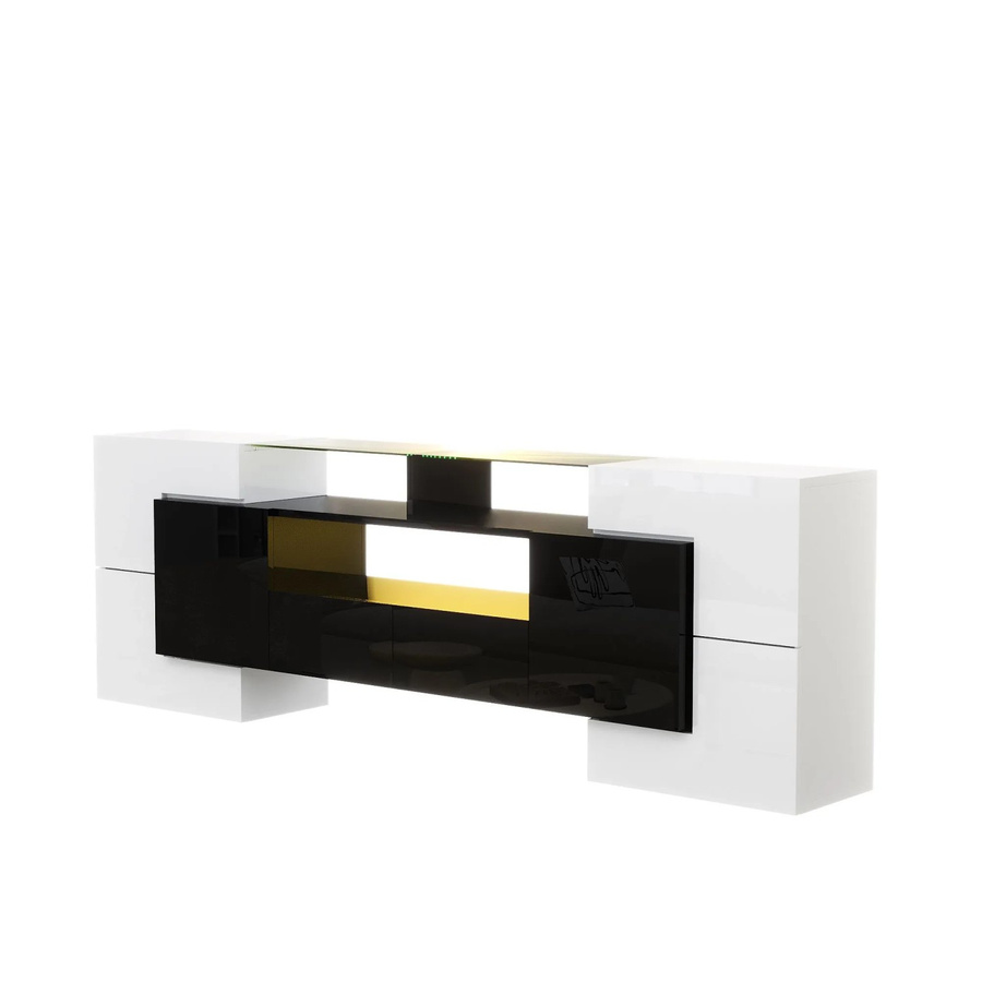okwish TV Schrank mit LED und Glasoberfläche in Hochglanz Weiß und Schwarz, B/T/H: 200 x 35 x 60 cm - Bild 2