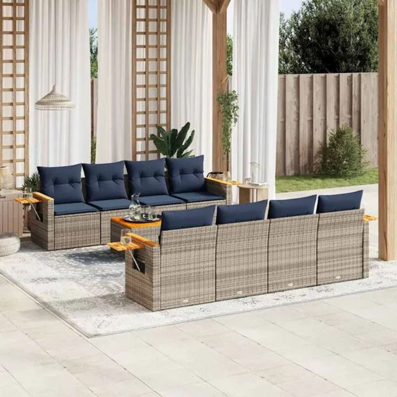 9-tlg. modulare Garten-Sofagarnitur aus Polyrattan mit Kissen in Grau und Blau von vidaxl - Bild 1