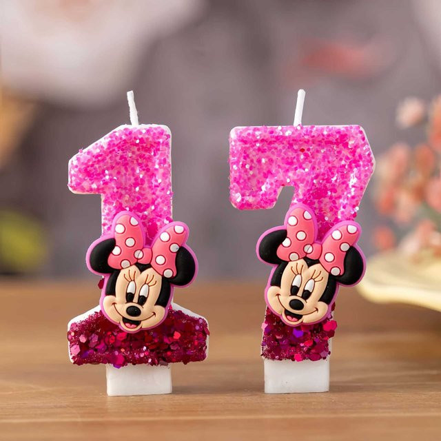 Handgemachte Minnie-Maus-Geburtstagskerze von MINISO in Pink mit Punktmuster als Kuchendekoration - Bild 1