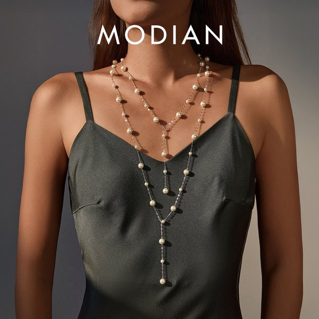 MODIAN Halskette in Y-Form, 925 Sterlingsilber, Kristallperlen, Damen - Bild 1