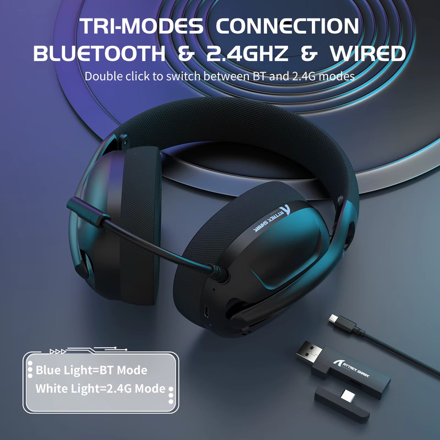 Attack Shark L80 Ultraleichtes kabelloses Gaming-Headset mit Bluetooth 5.3, 2,4 GHz und 3,5 mm Anschluss, Stereo 5.1, On-Ear mit Geräuschunterdrückung - Bild 2