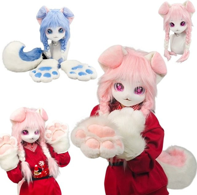 Fursuit Cosplay Kostüm Hund, Kopfmaske, Pfoten, Handschuhe, Schwanz, Set - Bild 1