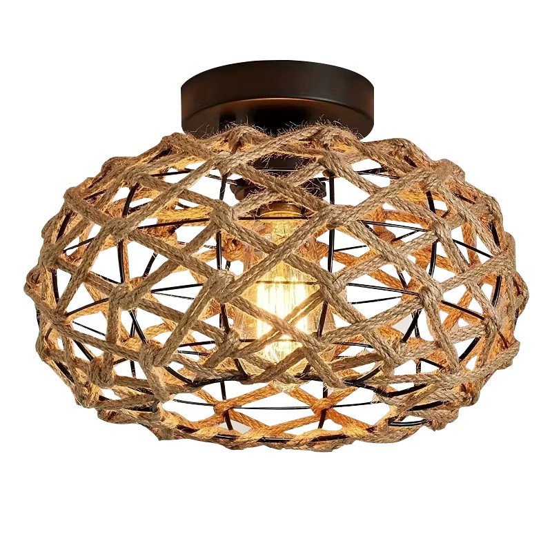 Retro Deckenleuchte von ludengchaoshi aus Rattan und Metall in Braun und Schwarz, runde Hanfseil-Lampe für Küche, Schlafzimmer oder Flur - Bild 3