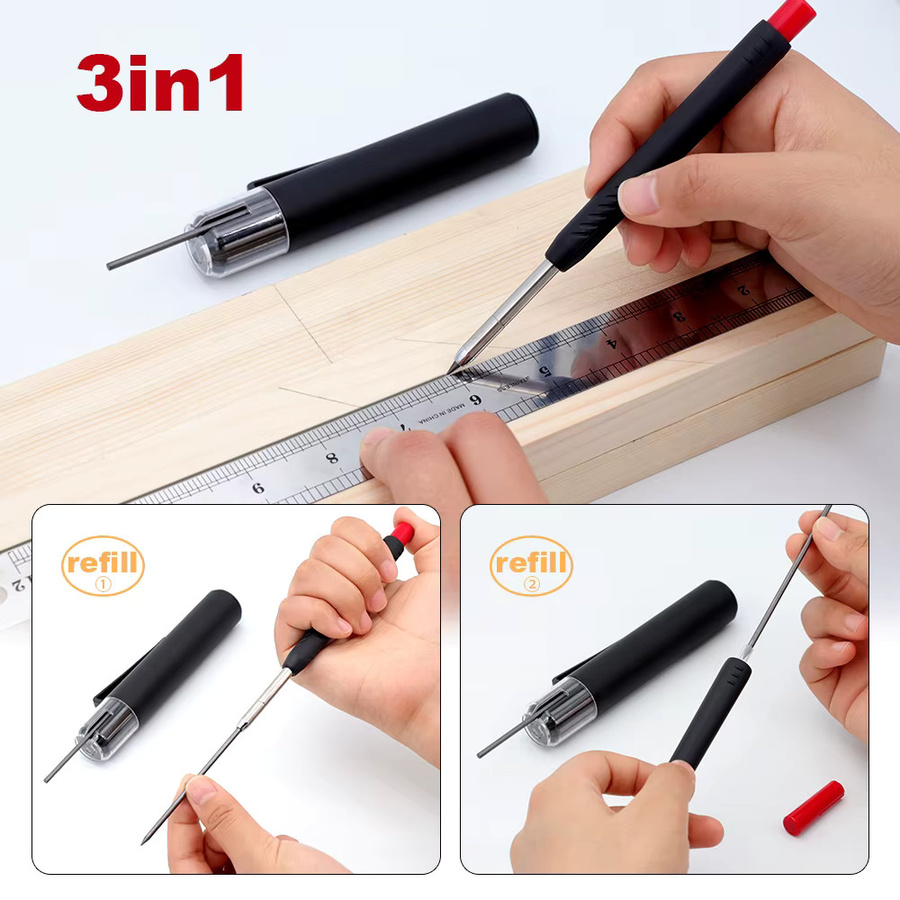 JOMPENS 3-in-1 Holzbearbeitungsstift Set in Rot mit 2,8 mm Ersatz-Bleistiftminen und drehbaren Kernen für präzise Markierungen in tiefen Löchern - Bild 3