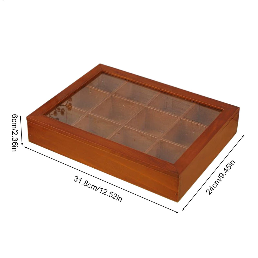 Teebeutel-Aufbewahrungsbox aus Holz mit 12 Fächern und transparentem Deckel in Braun - Bild 4