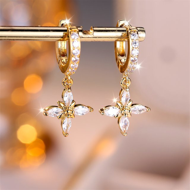 Ohrringe Stern Blume, Goldfarbe, Zirkonia, Damen, Vintage - Bild 1