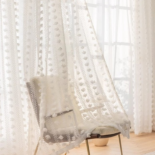 Tiyana Tüllvorhang im japanischen Stil, Weiß gestreift mit Bommeln und Stickerei, Boho Design für Kinderzimmer und Wohnzimmer, Breite: 100 cm, Höhe: 160 cm - Bild 1