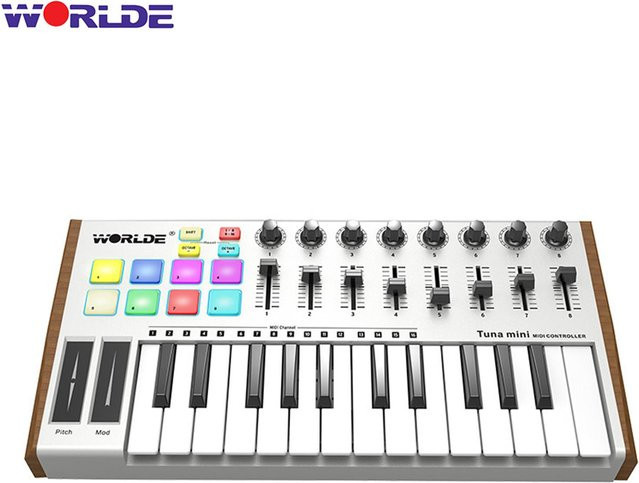 WORLDE TUNA TUNA MINI USB-MIDI-Keyboard-Controller mit 25 Tasten, 8 RGB-hintergrundbeleuchteten Trigger-Pads und USB-C Anschluss in Grau - Bild 1