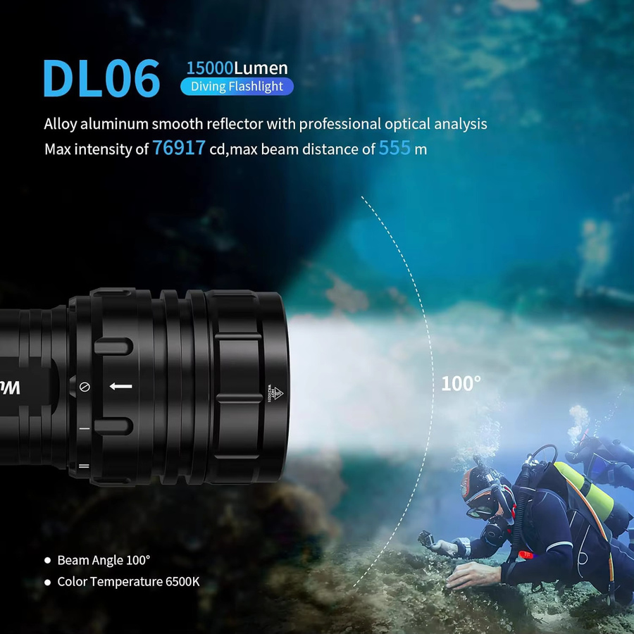 Wurkkos DL06 Tauchlampe in Schwarz mit 15.000 Lumen, wiederaufladbare professionelle LED Unterwasserbeleuchtung mit XHP50.2 LED - Bild 2