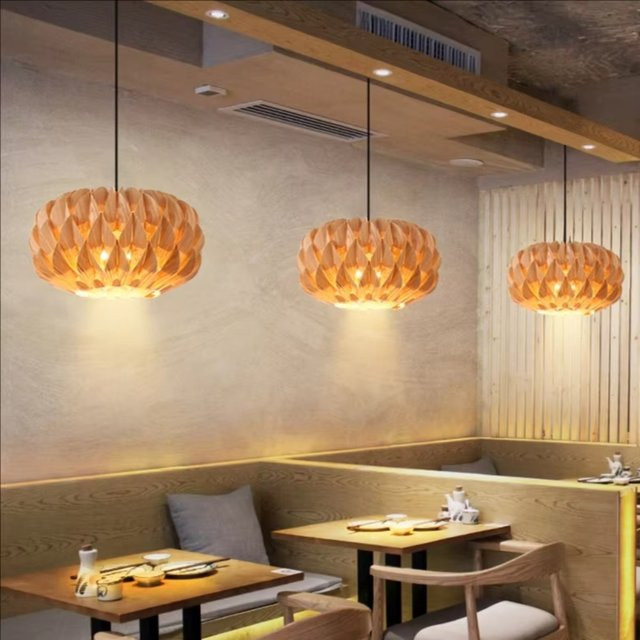 JOYINLED Holz-Pendelleuchte im japanischen Stil, runde Kunstlampe aus Holz und Metall in Braun und Schwarz, Durchmesser: 40 cm - Bild 1