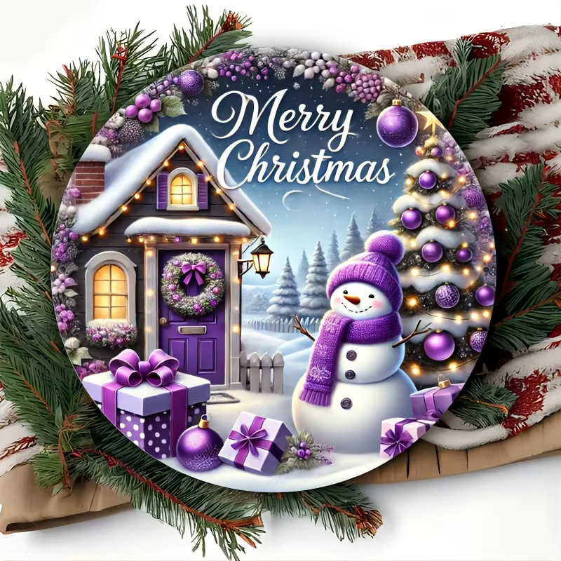 Potdemiel Rundes Aluminiumschild Frohe Weihnachten mit lila Schneemann, Durchmesser: 20,3 cm - Bild 4