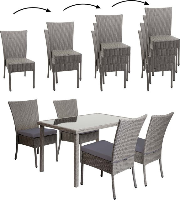 MCW Poly-Rattan Sitzgruppe G19 5-teilig in Grau mit dunkelgrauen Kissen, Tisch und 4 Stühlen, Breite: 120 cm, Tiefe: 75 cm - Bild 1