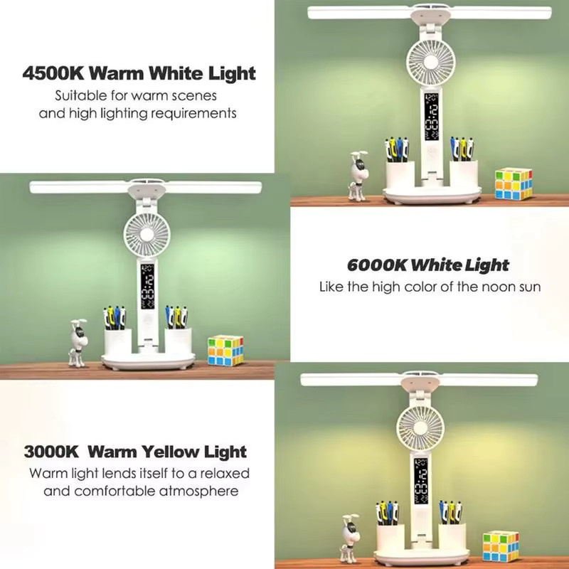 Wiederaufladbare LED-Tischlampe von lyfs in Weiß mit Ventilator, Uhrendisplay und Touch-Bedienung - Bild 3