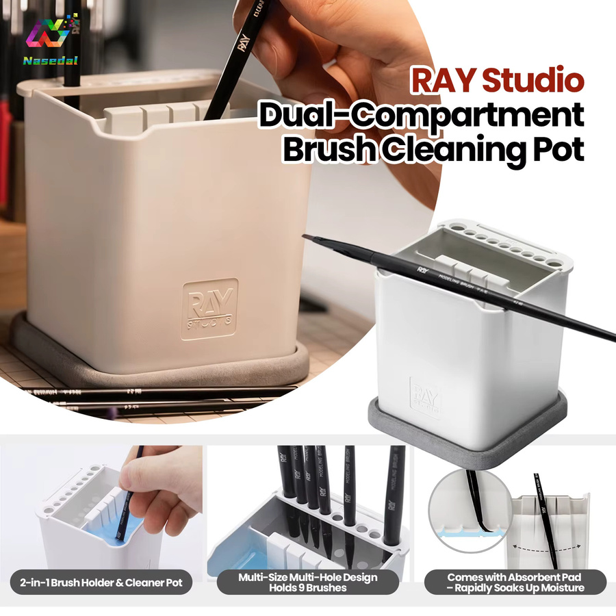 RAY Studio 2-in-1 Pinsel-Reinigungstopfhalter mit saugfähigem Pad in Weiß für Acrylpinsel, Gundam-Modelle und Kunstwerkzeuge - Bild 2