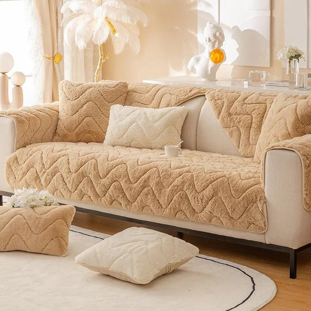 Gestreiftes Plüsch-Sofa-Kissen in Beige, quadratisches Kissenbezug aus Polyester, B/T/H: 45 x 45 x 1 cm - Bild 1