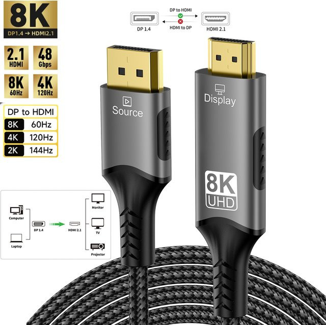 FDBOY DisplayPort-zu-HDMI-Kabel 8K@60Hz unidirektional mit geflochtenem Design für HDTV, MacBook und Xbox - Bild 1