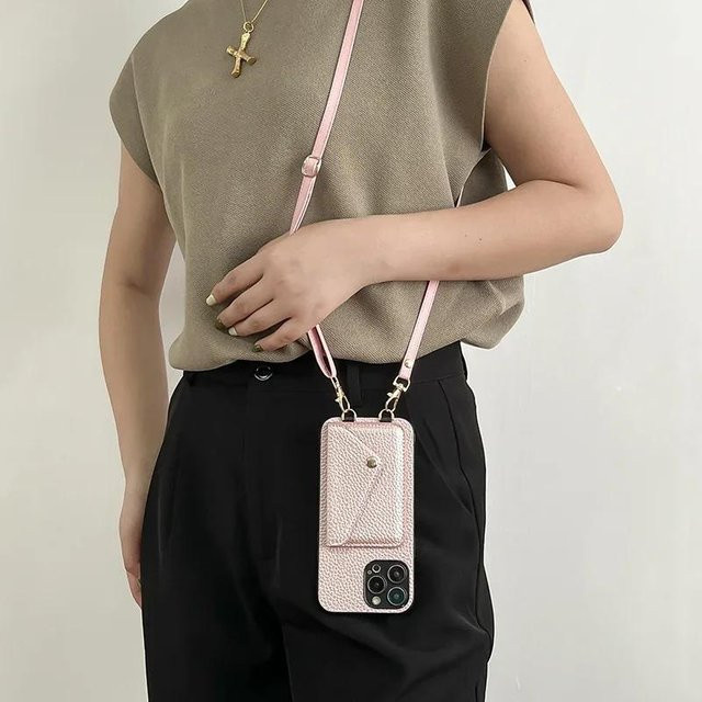 Rui Di Leder Handyhülle mit Lanyard und Kartenhalter für iPhone in Pink - Bild 1