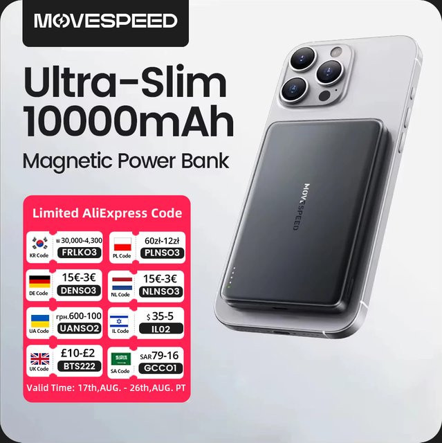 MOVESPEED S10 Slim Magnetic Power Bank 10000 mAh PD20W Tragbares Ladegerät Drahtloser externer Akku für iPhone und Samsung in Grau - Bild 1