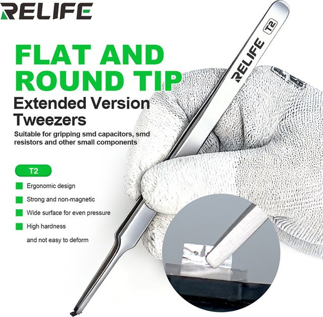 RELIFE T2 Pinzette in Silber mit flacher und runder Spitze für SMD-Komponenten - Bild 1
