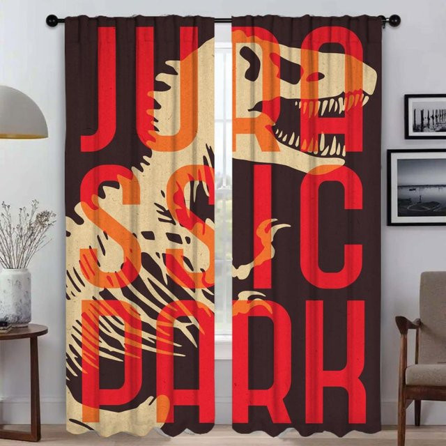Jurassic Parks Tüll-Vorhang Set für Schlafzimmer und Wohnzimmer, halbtransparent mit Grafikdesign, Mehrfarbig, B: 50 cm, H: 70 cm, 2 Stück - Bild 1