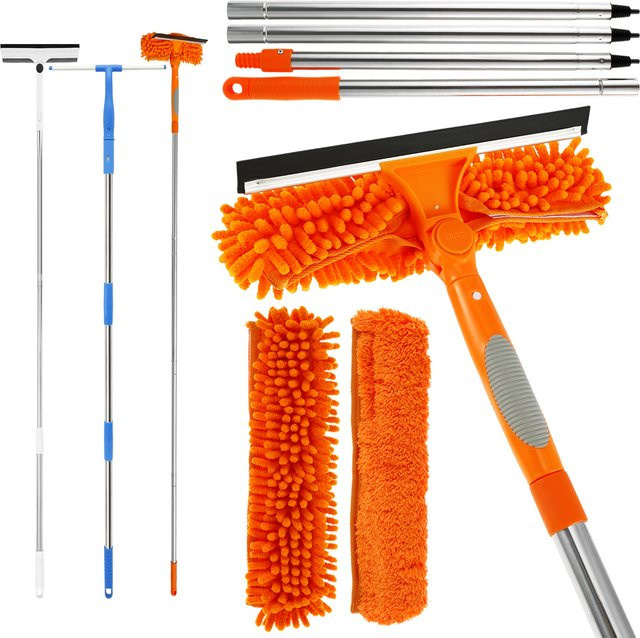 Willstar Fensterreiniger Set mit Teleskopstange und Mikrofasertuch in Orange, 180 Grad drehbarer Fensterwischer mit Rakel und Reinigungsbürste - Bild 1