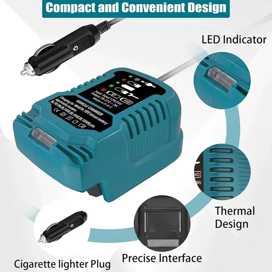 Makita Mini Compact Auto Ladegerät für 18V LXT Li-Ion Akkus BL1860 BL1830 mit Zigarettenanzünder Stecker und LED in Blau - Bild 5