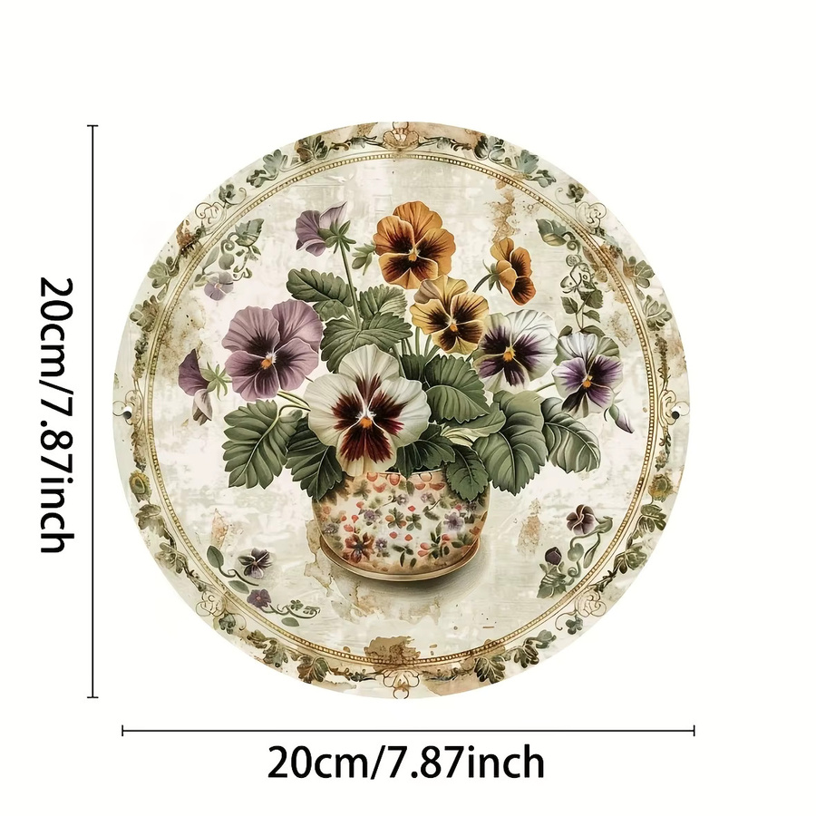 Potdemiel Vintage Stiefmütterchen Wandkunst aus Metall, runde Aluminiumdekoration mit floralem Blumenmuster, Mehrfarbig, Durchmesser: 20,3 cm - Bild 2