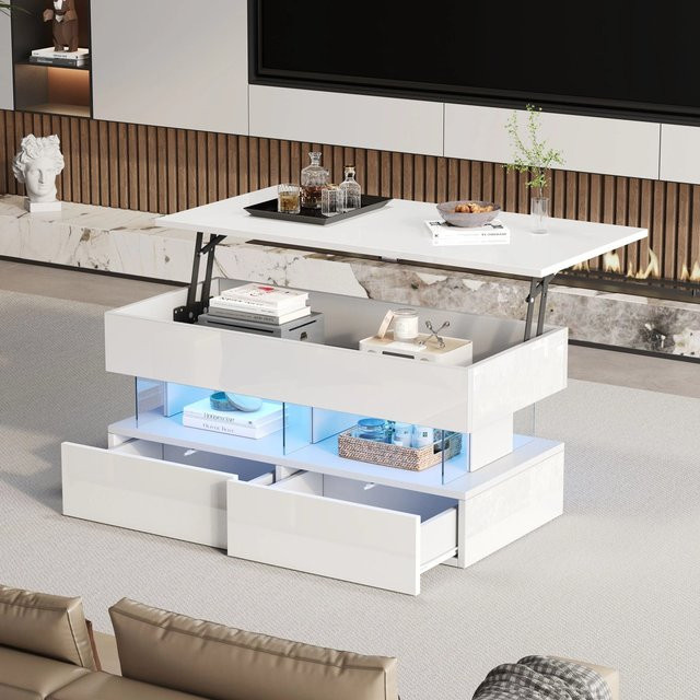 Merax Couchtisch höhenverstellbar mit LED und 2 Schubladen in Weiß Hochglanz - Bild 1