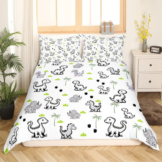 Binchi Outdoor Product Dinosaurier Bettwäscheset für Kinder mit Cartoon Dschungeltieren, 3-teilig, Farbe: Weiß, B/H: 150 x 200 cm - Bild 1