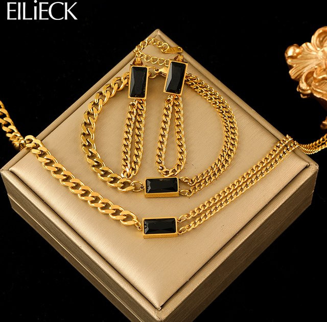 EILIECK Schmuck-Set Edelstahl, Schwarz, Kristall Zirkonia, Damen - Bild 1
