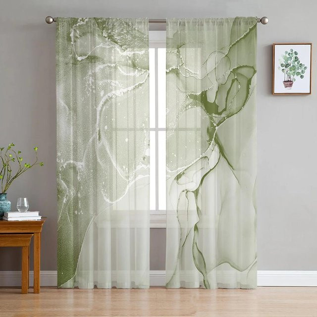 Yiran Furniture Transparentes Voile-Vorhang Set in Salbeigrün, Marmoriertes Organza-Dekorationsvorhang mit Ösen, Breite: 135 cm, Höhe: 274 cm - Bild 1
