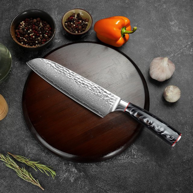 SAEIV Santoku-Messer aus Damaststahl mit Marmormuster und ergonomischem Griff - Bild 1