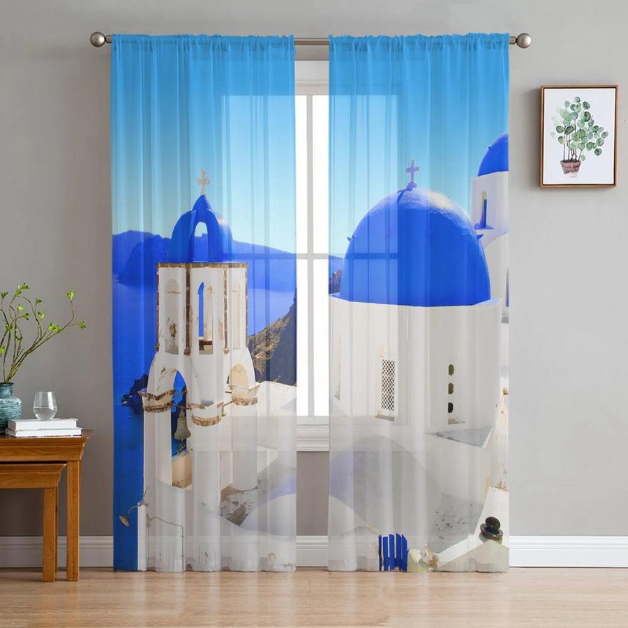Yiran Furniture Transparente Voile-Vorhänge mit Santorini Blaudachkirche Motiv, Breite: 135 cm, Höhe: 115 cm - Bild 2