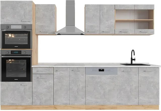 Vicco R-Line Küchenzeile Beton Goldkraft Eiche mit Hochschrank Marmor Optik Breite: 300 cm - Bild 1