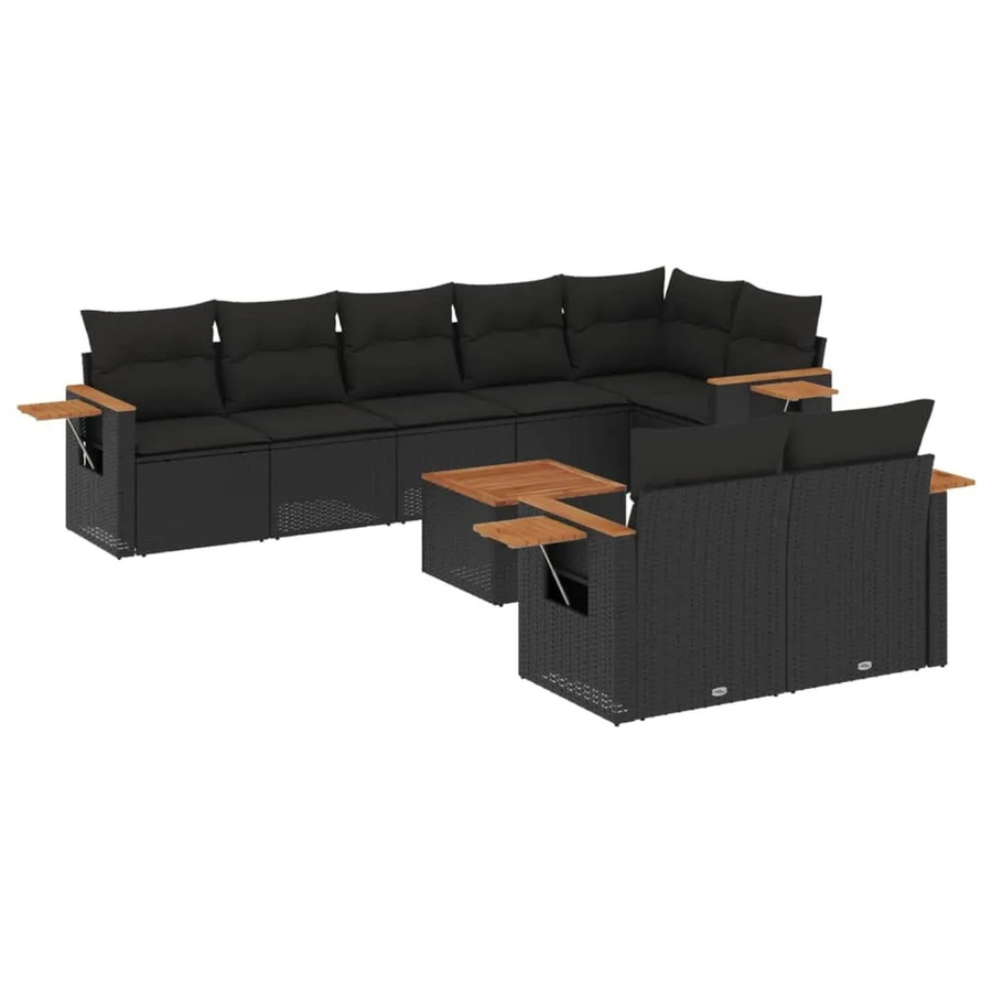 vidaXL 9-teilige Garten-Sofagarnitur in L-Form aus schwarzem Poly-Rattan mit Kissen und Akazienholz - Bild 2