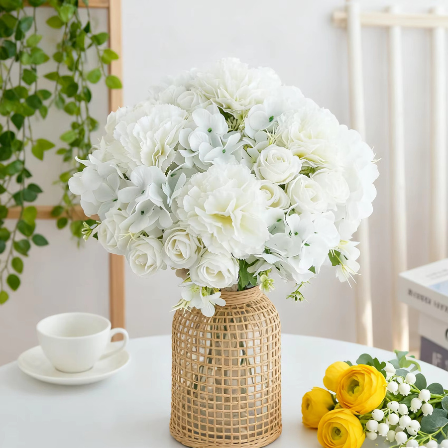 TTCY Künstliche Seidenblumen Set aus Nelken und Rosen in Weiß für Hochzeitsstrauß und Dekoration - Bild 1