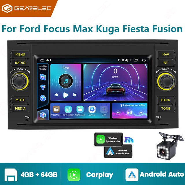 Gearelec 7-Zoll Autoradio mit GPS, kabellosem CarPlay und Android Auto in Schwarz für Ford Fusion 2006–2012 und Focus 2005–2006 - Bild 1