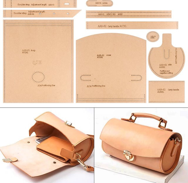QJH DIY Kraftpapier-Schablonen Set in Braun für handgefertigte Leder-Zylindertaschen mit perforiertem Design zum Nähen - Bild 1