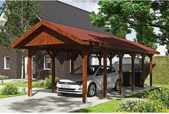Skan Holz Carport Wallgau Satteldach aus Nadelholz in Nussbaum Braun, Breite: 380 cm, Tiefe: 900 cm, Höhe: 313 cm - Bild 1