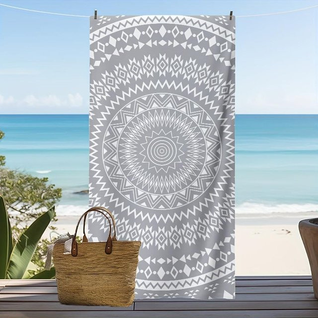 Dalangpa Strandtuch Boho-Mandala in Grau und Weiß, schnelltrocknend und saugfähig, Breite: 40 cm, Höhe: 60 cm - Bild 1