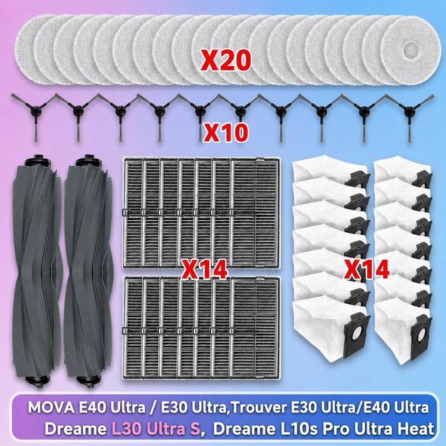 OSSIEAO Ersatzteil-Set für Mova E40 Ultra, Mova E30 Ultra, Trouver E30 Ultra, Trouver E40 Ultra und Dreame L30 Ultra S, L10s Pro Ultra Heat in Weiß mit Haupt-Tricut-Walze, Seitenbürsten, Hepa-Filtern und Mopptüchern - Bild 1