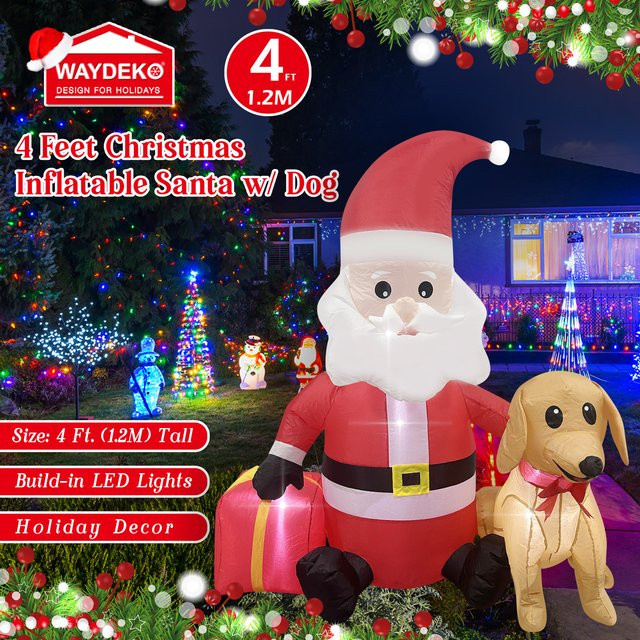 Aufblasbarer Weihnachtsmann mit LED-Hund von WAYDEKO, rote Dekoration für den Außenbereich, Höhe: 120 cm - Bild 1