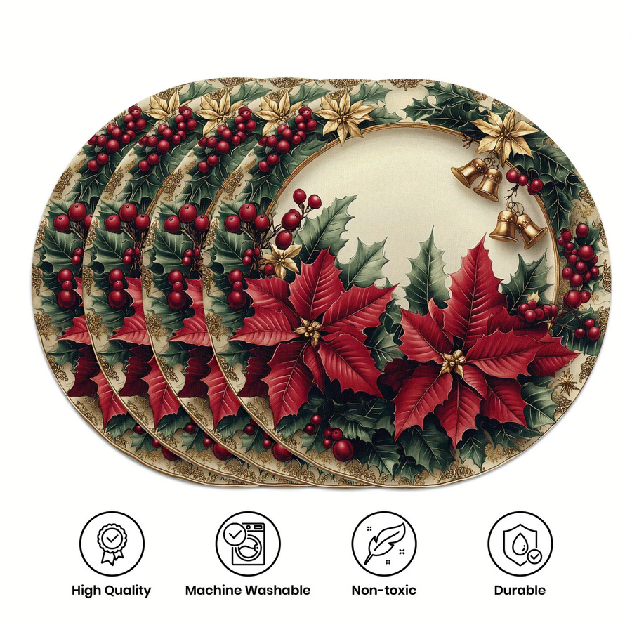VIKAMA 4-teiliges Weihnachtsstern-Tischset aus Leinen in Mehrfarbig mit goldenem Rand und floralem Design, rund - Bild 4