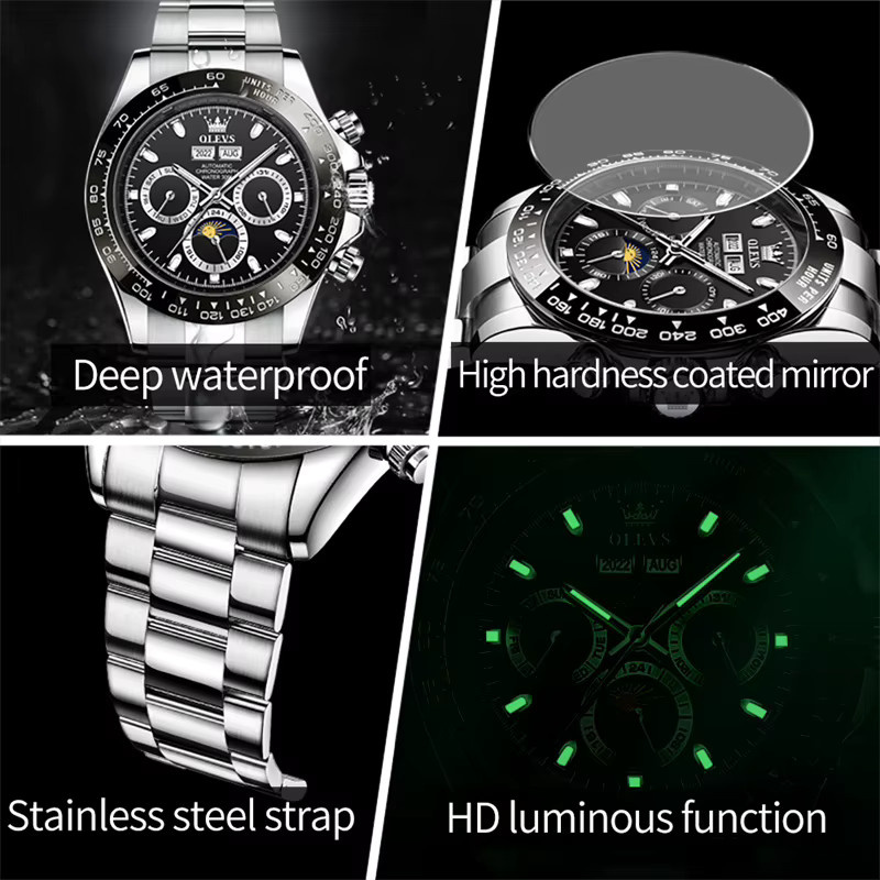 OLEVS Armbanduhr Automatik, Edelstahl, Silber, Schwarz, Herren - Bild 6