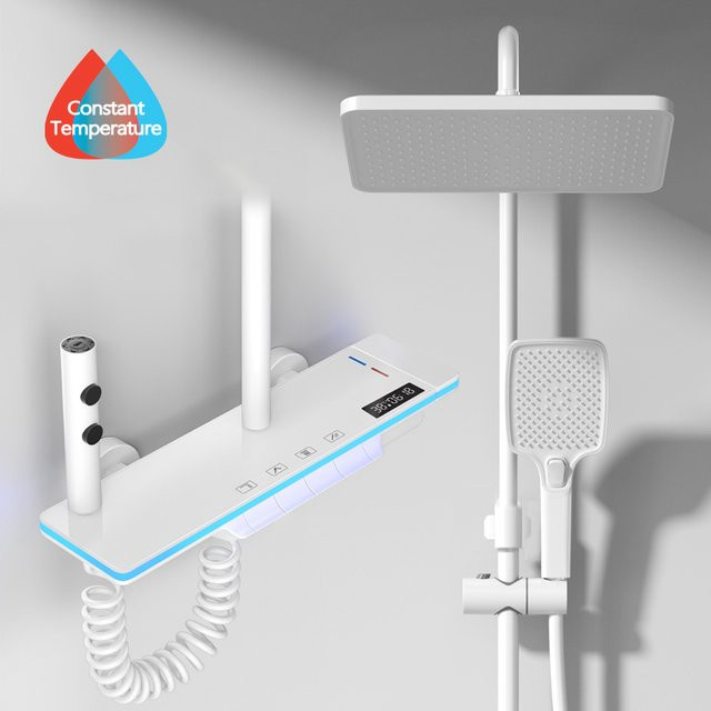 WJNMONE Luxus Duschsystem mit Digitalanzeige und Thermostat aus Messing, Regendusche mit Wasserfall-Funktion und Glas-Elementen - Bild 1