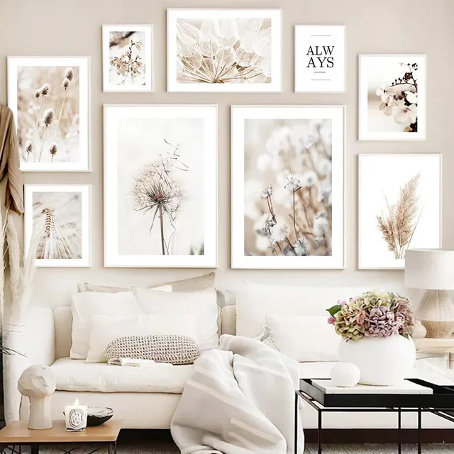 Potdemiel Wandkunst Leinwandmalerei mit floralem Motiv Löwenzahn und Kirschblüte in Beige im Nordic-Stil - Bild 1