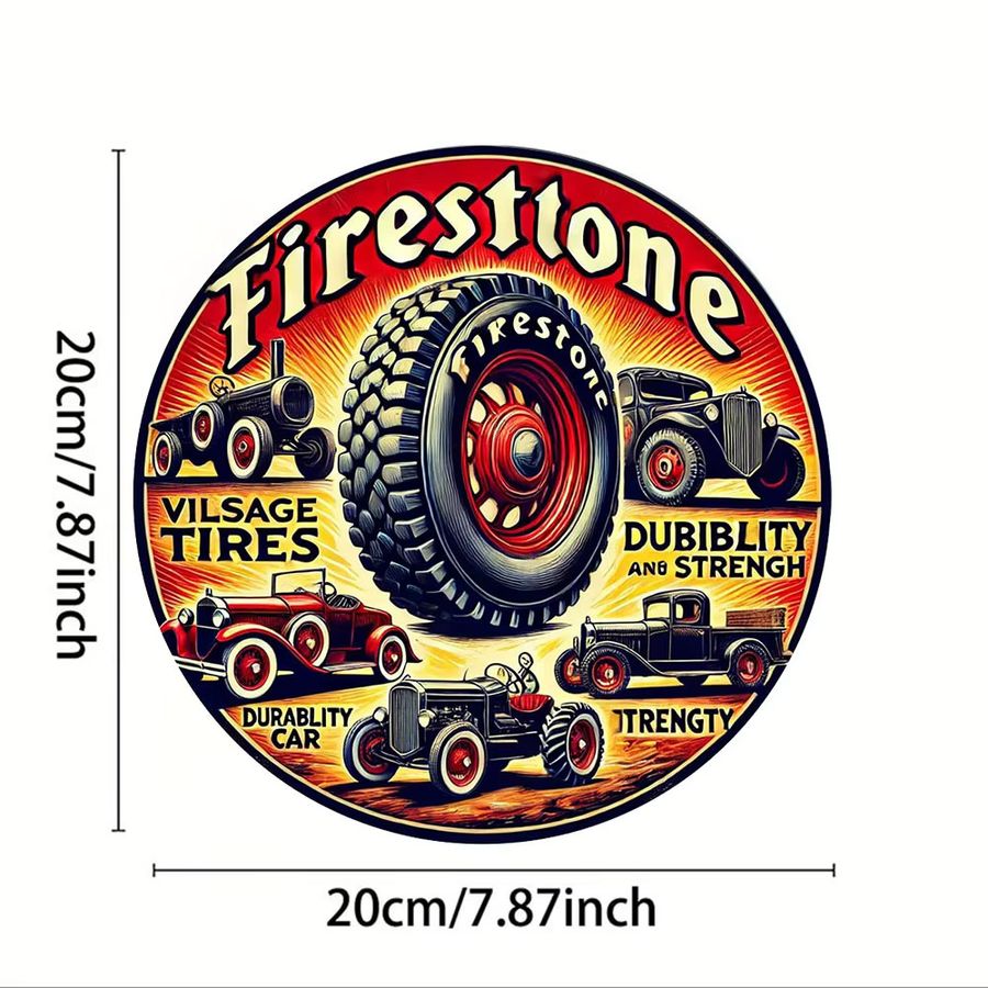 Potdemiel Vintage Firestone Tire Design Wandkunstschild aus Aluminium, rund, Durchmesser: 19,81 cm - Bild 4