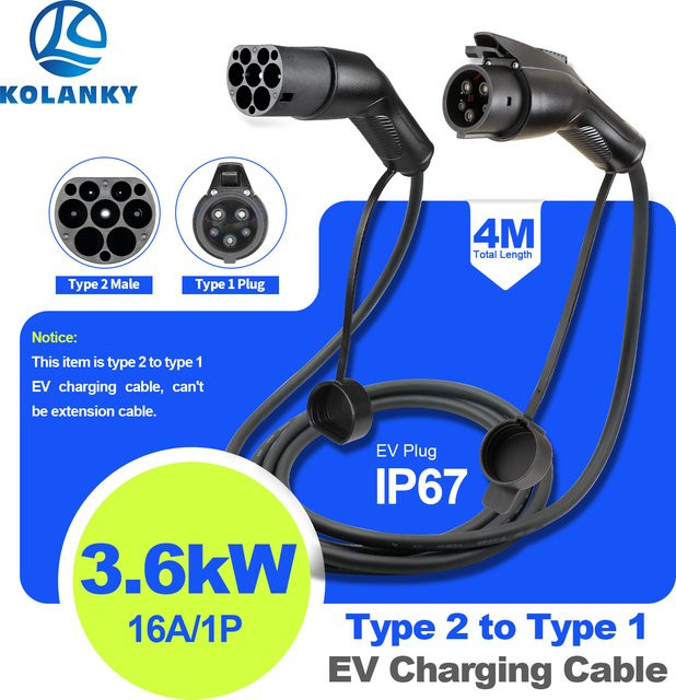 Kolanky EV-Ladekabel Typ 2 auf Typ 1 in Schwarz, 16 A, 3,6 kW, Länge: 4 m - Bild 1