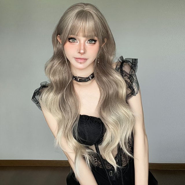 7JHH WIGS Perücke, lange lockige Ombre-Aschbraun-Perücke mit Pony, Damen - Bild 1